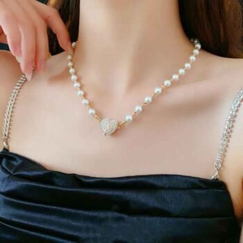 Heart-Shaped Pearl Necklace – Diamond Studded Magnetic with Two Gifts